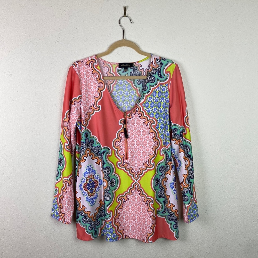 Melissa Paige | Pastel Pattern Floral Blouse Zip Front L